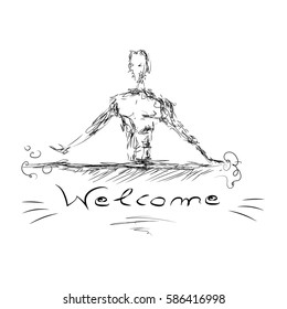 Man showing welcome hand drawn vector illustration on white background.