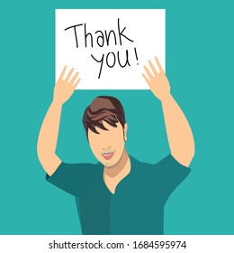 A man is showing the white paper over his head to say thank you.