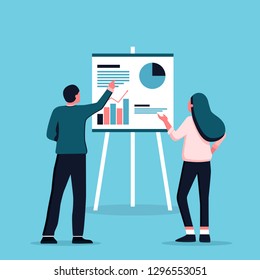 Man showing woman grahps, business meeting. Office workshops and seminars. Human resources. Career. Modern workers. Flat editable vector illustration. Staff education. Presentation board, clipboard
