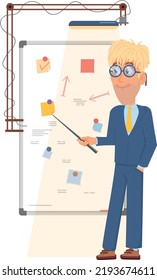 Man showing work strategy board. Business presentation icon