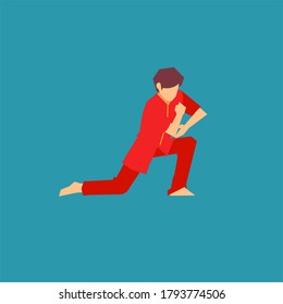 Man showing wushu position. Flat design of wushu stance. Sport vector illustration
