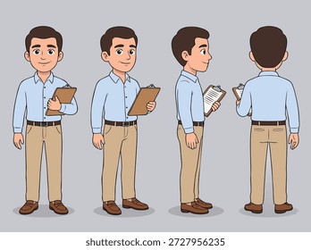 A man is shown from multiple angles, front, side, and back, wearing a blue shirt, khaki pants, and holding a clipboard and folder.