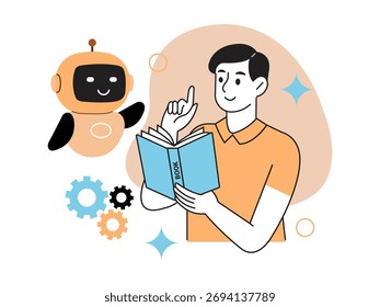 A man is shown reading a book, with a friendly robot floating nearby, representing the intersection of artificial intelligence and modern education, fostering learning and technological advancement