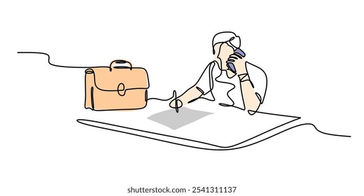 Man shown with a suitcase talking on a cell phone in a continuous one line drawing. Work and office concept. Hand-drawn minimalist design.