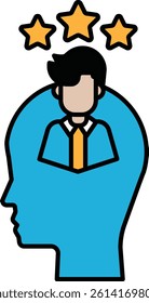 A man is shown with three stars above his head. The image is meant to represent success and achievement