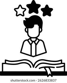 A man is shown with three stars above his head with a book in the foreground