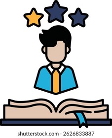 A man is shown with three stars above his head, with a book in the foreground. Concept of success and achievement, with the man being the symbol of this success. The book represents knowledge