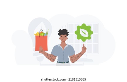 The man is shown waist-deep holding an EKO icon and a bag of proper nutrition. The concept of ecology, zero waste and healthy eating. Trend vector illustration.