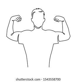 Man shows bicep continuous one line vector drawing. Bodybuilder demonstrating muscular shoulder. Young athlete, macho boasting physique hand drawn character. Sportsman posing contour illustration
