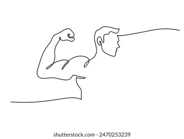 Man shows bicep fist hand continuous line drawing. Fitness and gym concept. Vector illustration minimalist design hand drawn.