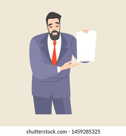 A man shows a blank sheet of paper. Vector illustration of a young businessman for presentation or banner