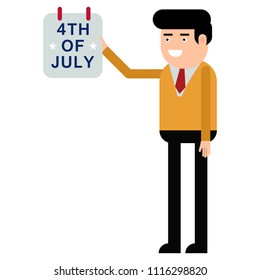 A man shows a calendar with the fourth of July isolated on white background