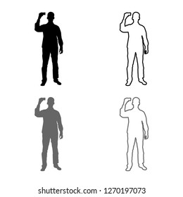 Man shows card in his hand Business card in hand businessman silhouette icon outline set grey black color