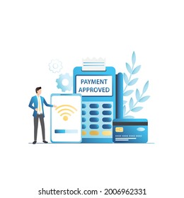 Man shows contactless payment with credit, debit card on Internet. Cashless payments with smartphone with nfc system in pos terminal, system that issues check on Wi-Fi. Successful banking transaction.