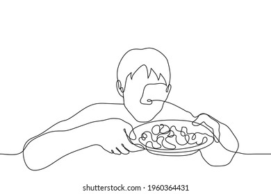 man shows the contents of his plate - one line drawing vector. the blogger shows his food to the camera to viewers during the stream. online cooking