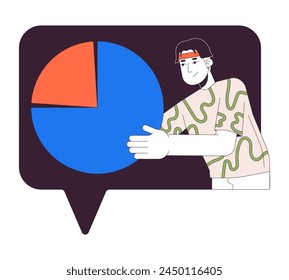 Man shows data analytics chart 2D linear cartoon character. Asian marketer in speech bubble isolated line vector person white background. Digital information study color flat spot illustration