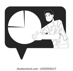 Man shows data analytics chart black and white 2D line cartoon character. Asian marketer in speech bubble isolated vector outline person. Digital information study monochromatic flat spot illustration