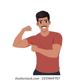 Man shows developed bicep muscle. Flat Vector character illustration