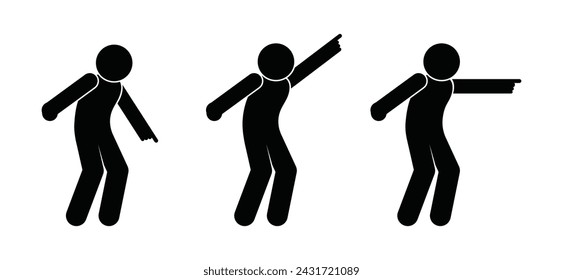 man shows direction with finger, gesture up, down and forward, stick figure people