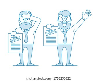 Man shows a document. Variant with an approved inscription and rejection. Getting permission. Character - a man with glasses and a beard. Office worker. Illustration in line art style. Vector