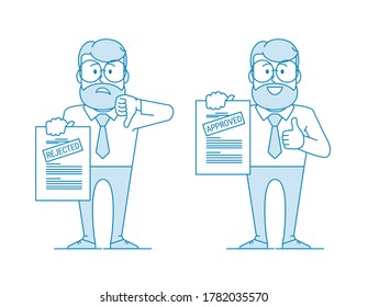 Man shows a document. Variant with an approved inscription and rejection. Getting permission. Character - a man with glasses and a beard. Office worker. Illustration in line art style. Vector