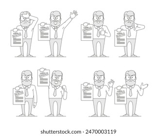 Man shows a document. Variant with an approved inscription and rejection. Getting permission. Character - a man with glasses and a beard. Office worker. Illustration in line art style. Vector