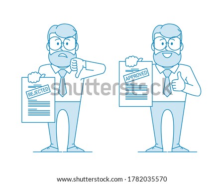 Man shows a document. Variant with an approved inscription and rejection. Getting permission. Character - a man with glasses and a beard. Office worker. Illustration in line art style. Vector