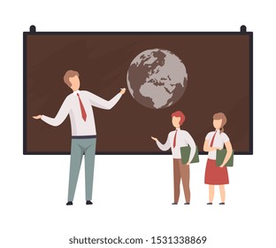 Man shows The Earth on the blackboard to students vector illustration