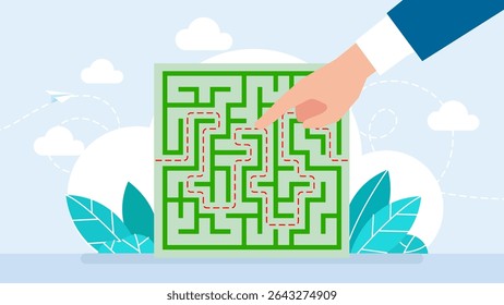 A man shows the exit from the labyrinth with his finger. Maze with way to exit. Problem, confusion. Successful solution confusing business. Solution problem. Find way out. Vector illustration
