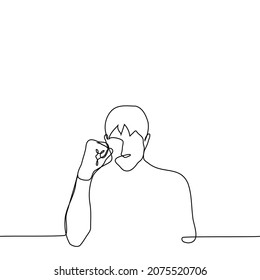 man shows fist - one line drawing vector. concept of the Korean gesture Hwaiting or Fighting which means stay strong, good luck, you can do it, I believe in you