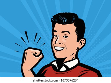 Man shows fist showing strength. Retro comic pop art vector