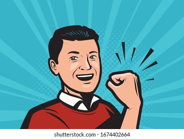 Man shows fist showing strength. Retro comic pop art vector illustration