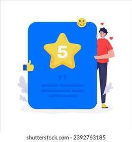 A man shows a five star rating feedback vector illustration