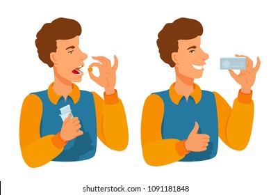 A man shows a gesture with his hands, a pack of drugs, shows packaging, advertises pills. Before and after - a sick and healthy person. Illustration for selling oral drugs. Vector isolated on white.