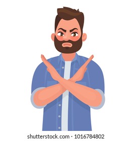 Man shows a gesture no or stop. Vector illustration in cartoon style