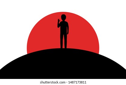 A man shows a gesture okay, a guy stands on a hill, sunset, silhouette art image, vector illustration isolated on white background