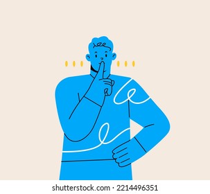 Man shows a gesture of quiet, do not make noise. Colorful vector illustration
