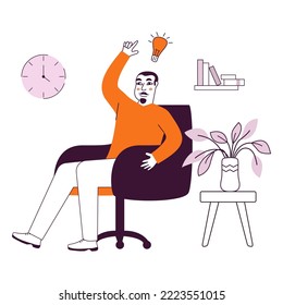  Man shows gesture.Solution of the problem  is brainstorming. Man with lightbulb and finger pointing up.Guy thinks of great idea.Character cartoon vector illustration.Isolated on white background.