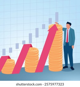 A man shows a graph arrow rising above a pile of coins. Illustration for increasing investment profits, stock gains and investment value growth.