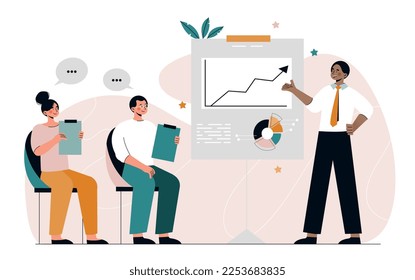 Man shows graph. Character leads presentation, public speaking. Working with diagrams and charts, marketing research. Brainstorming and teamwork, partnership. Cartoon flat vector illustration