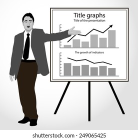 Man shows graphics on the flip chart. Suitable for infographics. Manager, Director, Speaker, dealer, businessman, leader,  infograph,, charts, annual report. Black and white. Vector. Icon. bw