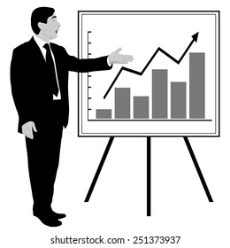 Man shows graphics on the flip chart. Suitable for infographics. Manager, Director, Speaker, boss, dealer, charts, top drawing, annual report. Black and white, gray. Image. Vector. Icon.
