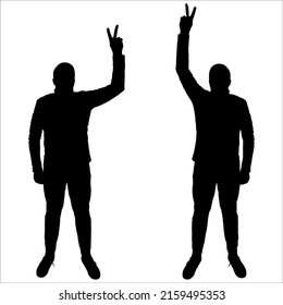 A man shows a hand gesture, "victory". Celebrities at the photoshoot. A young guy of large build stands with his hand raised. Front view, full face. Two black male silhouettes isolated on white