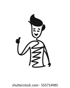 Man shows hands thumbs up, Cartoon Hand Drawn Sketch Vector illustration. 