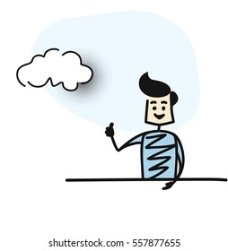 Man shows hands thumbs up, Cartoon Hand Drawn Sketch Vector illustration. 