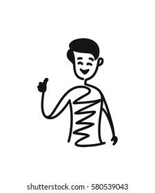 Man shows hands thumbs up, Cartoon Hand Drawn Sketch Vector illustration.