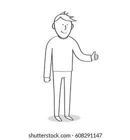 Man shows hands thumbs up, cartoon, sketch. Vector illustration.