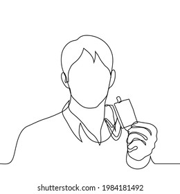 man shows her badge, which hangs around his neck - one line drawing. concept correspondent with badge, accredited journalist or photographer at the event