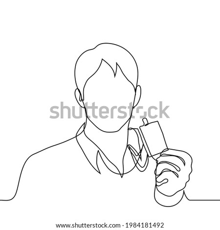 man shows her badge, which hangs around his neck - one line drawing. concept correspondent with badge, accredited journalist or photographer at the event