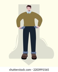 A man shows his empty pockets on a light yellow background with a down arrow. Vector illustration in flat style